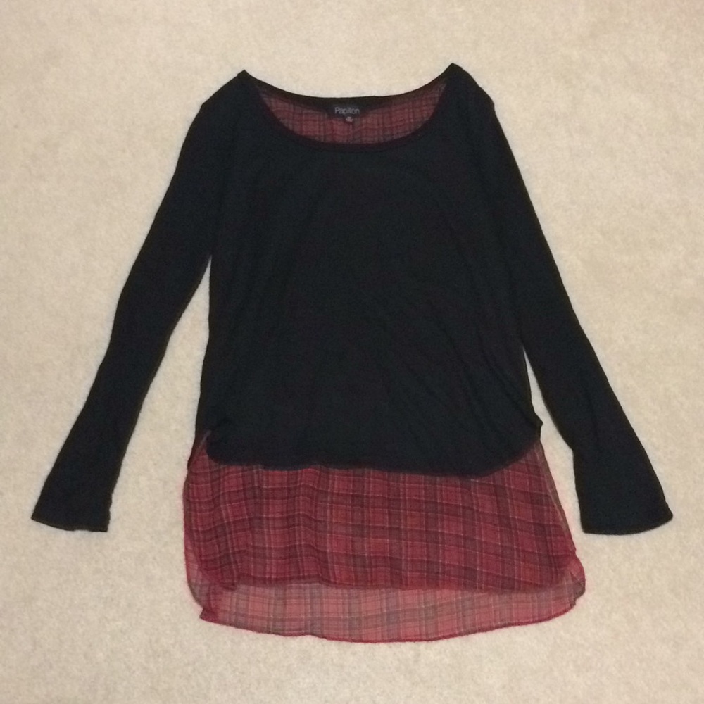 Papillon Blouse Black/Red Plaid Size M EUC